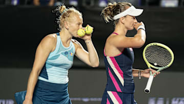 Babora Krejcikova and Katerina Siniakova during their doubles match at the 2023 WTA Finals in Cancun.