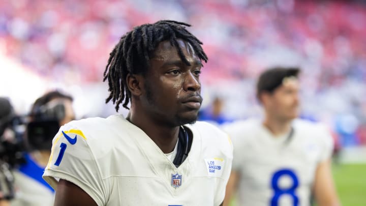 Nov 26, 2023; Glendale, Arizona, USA; Los Angeles Rams cornerback Derion Kendrick (1) against the Arizona Cardinals at State Farm Stadium. Mandatory Credit: Mark J. Rebilas-USA TODAY Sports