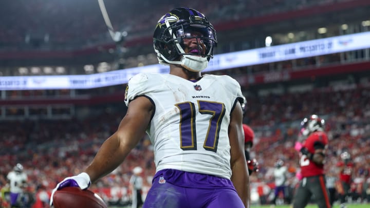 Oct 27, 2022; Tampa, Florida, USA;  Baltimore Ravens running back Kenyan Drake (17) scores a touchdown against the Tampa Bay Buccaneers in the third quarter at Raymond James Stadium. Mandatory Credit: Nathan Ray Seebeck-USA TODAY Sports