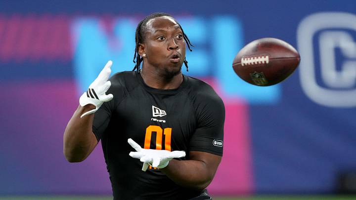 Feb 28, 2026; Indianapolis, IN, USA; Penn State running back Kaytron Allen (RB01) during the NFL Scouting Combine at Lucas Oil Stadium. Mandatory Credit: Kirby Lee-Imagn Images