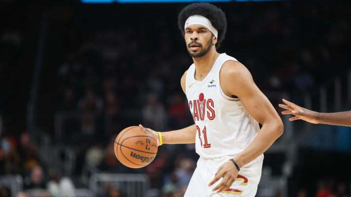 Mar 6, 2024; Atlanta, Georgia, USA; Cleveland Cavaliers center Jarrett Allen (31) handles the ball against the Atlanta Hawks in the first quarter at State Farm Arena. Mandatory Credit: Brett Davis-USA TODAY Sports