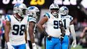 Nov 16, 2025; Atlanta, Georgia, USA; Carolina Panthers defensive tackle Derrick Brown (95) looks on in the second half against the Atlanta Falcons at Mercedes-Benz Stadium. Mandatory Credit: Dale Zanine-Imagn Images
