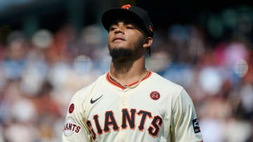 Jul 28, 2024; San Francisco, California, USA; San Francisco Giants pitcher Camilo Doval (75) reacts against the Colorado Rockies during the ninth inning at Oracle Park. Mandatory Credit: Robert Edwards-USA TODAY Sports