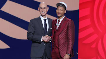 Jun 25, 2025; Brooklyn, NY, USA;  Jeremiah Fears stands with NBA commissioner Adam Silver after being selected as the seventh pick by the New Orleans Pelicans in the first round of the 2025 NBA Draft at Barclays Center. Mandatory Credit: Brad Penner-Imagn Images