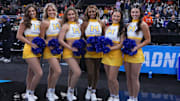 McNeese State Cowboys cheerleaders pose before a game against the Clemson Tigers at Amica Mutual Pavilion. 