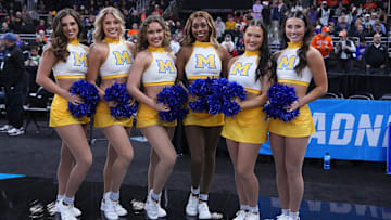 McNeese State Cowboys cheerleaders pose before a game against the Clemson Tigers at Amica Mutual Pavilion. 