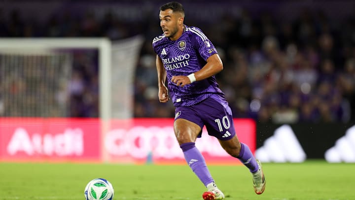 Mar 22, 2025; Orlando, Florida, USA; Orlando City midfielder Martin Ojeda (10) controls the ball against D.C. United in the first half at Inter&Co Stadium. Mandatory Credit: Nathan Ray Seebeck-Imagn Images