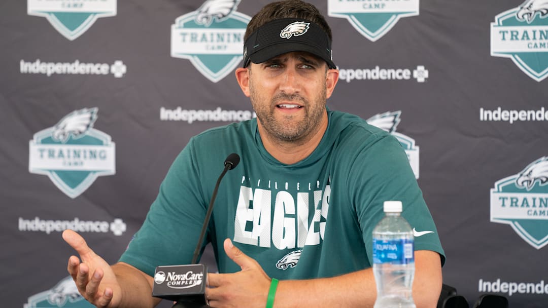 Philadelphia Eagles head coach Nick Sirianni speaks with the media during training camp at NovaCare Complex.