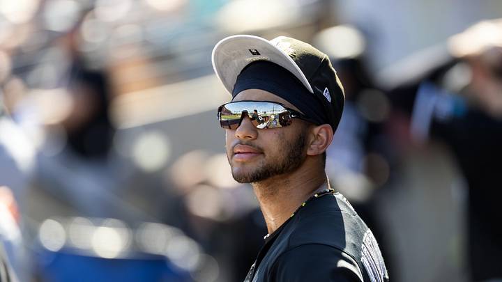 Feb 27, 2026; Phoenix, Arizona, USA; Chicago White Sox outfielder Braden Montgomery against the Milwaukee Brewers during a spring training game at American Family Fields of Phoenix. Mandatory Credit: Mark J. Rebilas-Imagn Images