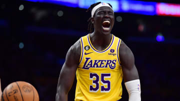 Jan 12, 2023; Los Angeles, California, USA; Los Angeles Lakers forward Wenyen Gabriel (35) reacts after scoring a basket and drawing the foul against the Dallas Mavericks during overtime at Crypto.com Arena. Mandatory Credit: Gary A. Vasquez-USA TODAY Sports