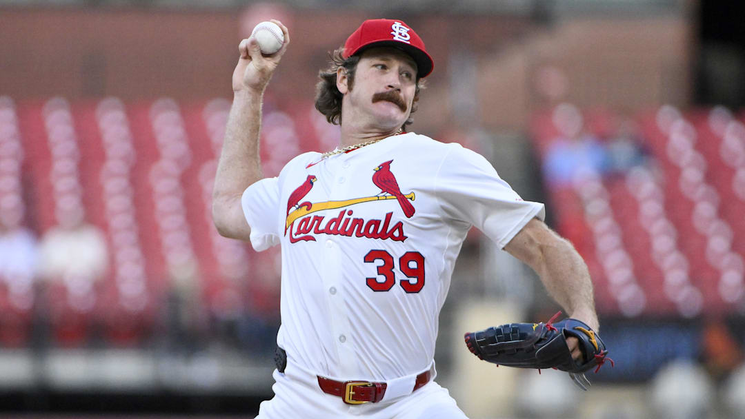 Sep 2, 2025; St. Louis, Missouri, USA; St. Louis Cardinals starting pitcher Miles Mikolas (39) pitches against the Athletics during the first inning at Busch Stadium. Mandatory Credit: Jeff Curry-Imagn Images