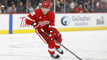 Feb 8, 2025; Detroit, Michigan, USA;  Detroit Red Wings right wing Patrick Kane (88) skates with the puck in the second period against the Tampa Bay Lightning at Little Caesars Arena. Mandatory Credit: Rick Osentoski-Imagn Images