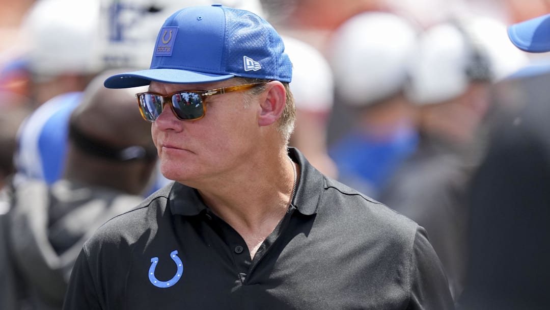 Aug 23, 2025; Cincinnati, Ohio, USA; Indianapolis Colts general manager Chris Ballard walks the sideline in the game against the Cincinnati Bengals at Paycor Stadium. 