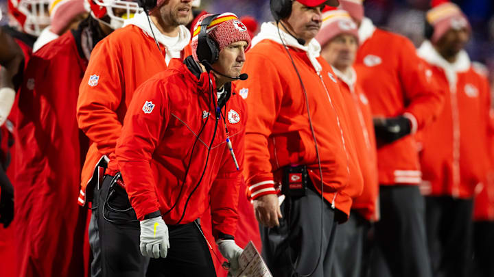 Jan 21, 2024; Orchard Park, New York, USA; Kansas City Chiefs defensive coordinator Steve Spagnuolo during the first half for the 2024 AFC divisional round game at Highmark Stadium. Mandatory Credit: Mark J. Rebilas-Imagn Images
