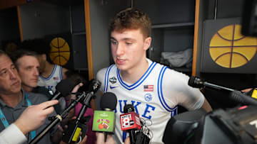 Apr 3, 2025; San Antonio, TX, USA; Duke Blue Devils forward Cooper Flagg (2) is interviewed during open locker room at Alamodome. Mandatory Credit: Bob Donnan-Imagn Images
