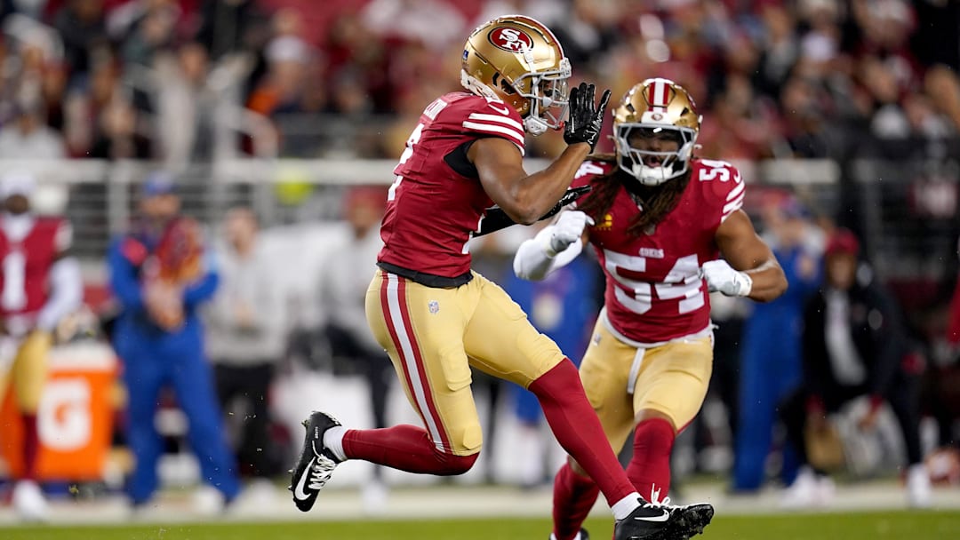 Dec 12, 2024; Santa Clara, California, USA; San Francisco 49ers cornerback Deommodore Lenoir (2) reacts after breaking up a pass against the Los Angeles Rams in the first quarter at Levi's Stadium. Mandatory Credit: Cary Edmondson-Imagn Images