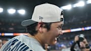 Los Angeles Dodgers two-way player Shohei Ohtani (17) reacts after defeating the Toronto Blue Jays in the eleventh inning for game seven of the 2025 MLB World Series at Rogers Centre on Nov. 1.