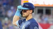 Jul 19, 2024; Kansas City, Missouri, USA; Kansas City Royals second base Michael Massey (19) celebrates after hitting a two run single against the Chicago White Sox in the fifth inning at Kauffman Stadium. Mandatory Credit: Denny Medley-USA TODAY Sports