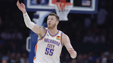 Oct 9, 2024; Oklahoma City, Oklahoma, USA; Oklahoma City Thunder center Isaiah Hartenstein (55) gestures after a play against the Houston Rockets during the second quarter at Paycom Center. Mandatory Credit: Alonzo Adams-Imagn Images