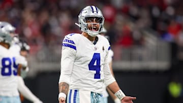 Nov 3, 2024; Atlanta, Georgia, USA; Dallas Cowboys quarterback Dak Prescott (4) reacts to a penalty against the Atlanta Falcons in the third quarter at Mercedes-Benz Stadium. Mandatory Credit: Brett Davis-Imagn Images