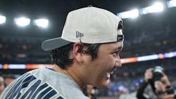 Los Angeles Dodgers two-way player Shohei Ohtani (17) reacts after defeating the Toronto Blue Jays in the eleventh inning for game seven of the 2025 MLB World Series at Rogers Centre on Nov. 1.