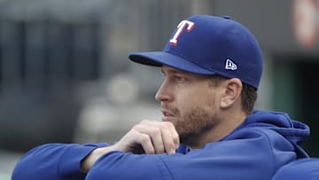 May 23, 2023; Pittsburgh, Pennsylvania, USA; Texas Rangers pitcher Jacob deGrom (48) looks on from the dugout before the game against the Pittsburgh Pirates at PNC Park. Mandatory Credit: Charles LeClaire-Imagn Images