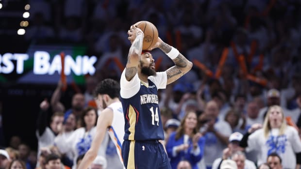 Apr 21, 2024; Oklahoma City, Oklahoma, USA; New Orleans Pelicans forward Brandon Ingram (14) reacts to an offensive foul call against him on a play against the Oklahoma City Thunder during the fourth quarter of game one of the first round for the 2024 NBA playoffs at Paycom Center. Mandatory Credit: Alonzo Adams-USA TODAY Sports