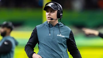 Feb 9, 2025; New Orleans, LA, USA;  Philadelphia Eagles offensive coordinator Kellen Moore against the Kansas City Chiefs during Super Bowl LIX at Ceasars Superdome.