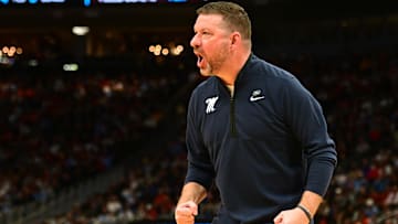 Mar 21, 2025; Milwaukee, WI, USA; Mississippi Rebels head coach Chris Beard during the first half of a first round NCAA men’s tournament game against the North Carolina Tar Heels at Fiserv Forum. Mandatory Credit: Benny Sieu-Imagn Images