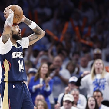 Apr 21, 2024; Oklahoma City, Oklahoma, USA; New Orleans Pelicans forward Brandon Ingram (14) reacts to an offensive foul call against him on a play against the Oklahoma City Thunder during the fourth quarter of game one of the first round for the 2024 NBA playoffs at Paycom Center.