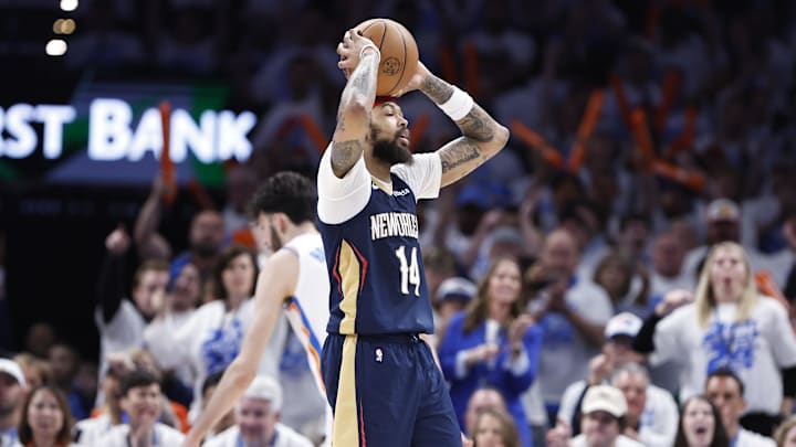 Apr 21, 2024; Oklahoma City, Oklahoma, USA; New Orleans Pelicans forward Brandon Ingram (14) reacts to an offensive foul call against him on a play against the Oklahoma City Thunder during the fourth quarter of game one of the first round for the 2024 NBA playoffs at Paycom Center.