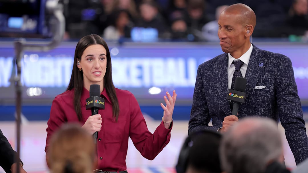 Feb 1, 2026; New York, New York, USA; WNBA star Caitlin Clark (left) and NBA former player Reggie Miller broadcast on the court for NBC before a game between the New York Knicks and the Los Angeles Lakers at Madison Square Garden. Mandatory Credit: Brad Penner-Imagn Images