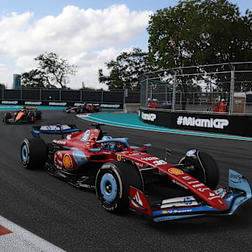 May 5, 2024; Miami Gardens, Florida, USA; Ferrari driver Charles Leclerc (16) during the Miami Grand Prix at Miami International Autodrome. Mandatory Credit: Peter Casey-Imagn Images