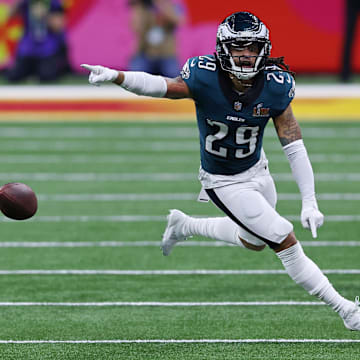 Feb 9, 2025; New Orleans, LA, USA; Philadelphia Eagles cornerback Avonte Maddox (29) reacts after a defensive stop against the Kansas City Chiefs during the second half of Super Bowl LIX at Caesars Superdome. Mandatory Credit: Bill Streicher-Imagn Images