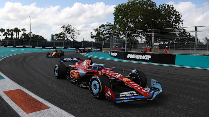 May 5, 2024; Miami Gardens, Florida, USA; Ferrari driver Charles Leclerc (16) during the Miami Grand Prix at Miami International Autodrome. Mandatory Credit: Peter Casey-Imagn Images