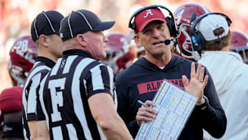 Nov 16, 2024; Tuscaloosa, AL, USA; Alabama Crimson Tide head coach Kalen DeBoer talks with officials during a review at Bryant-Denny Stadium. Alabama defeated Mercer 52-7. Mandatory Credit: Gary Cosby Jr.-Tuscaloosa News