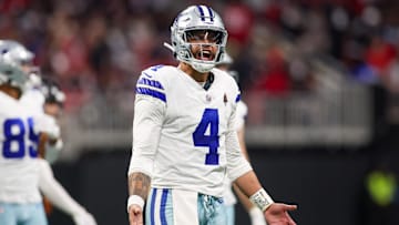 Nov 3, 2024; Atlanta, Georgia, USA; Dallas Cowboys quarterback Dak Prescott (4) reacts to a penalty against the Atlanta Falcons in the third quarter at Mercedes-Benz Stadium. Mandatory Credit: Brett Davis-Imagn Images