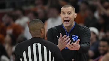 Feb 15, 2025; Austin, Texas, USA; Kentucky Wildcats head coach Mark Pope argues with an official during the second half against the Texas Longhorns at Moody Center. Mandatory Credit: Scott Wachter-Imagn Images