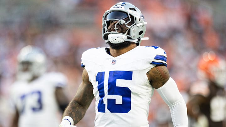 Sep 8, 2024; Cleveland, Ohio, USA; Dallas Cowboys running back Ezekiel Elliott (15) celebrates his first down run against the Cleveland Browns during the fourth quarter at Huntington Bank Field. Mandatory Credit: Scott Galvin-Imagn Images