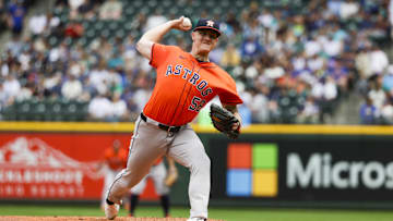 Jul 20, 2025; Seattle, Washington, USA; Houston Astros starting pitcher Hunter Brown (58) throws against the Seattle Mariners during the second inning at T-Mobile Park. 