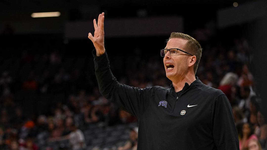 Mar 28, 2026; Sacramento, CA, USA; Texas Christian University Horned Frogs head coach Mark Campbell calls out to his team during the fourth quarter of the game against the Virginia Cavaliers in the Sweet Sixteen game of the Sacramento Regional 4 of the women's 2026 NCAA Tournament at Golden 1 Center. Mandatory Credit: Ed Szczepanski-Imagn Images