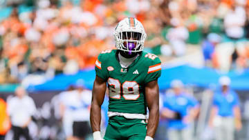 Nov 2, 2024; Miami Gardens, Florida, USA; Miami Hurricanes defensive back OJ Frederique Jr. (29) reacts after breaking pass  against the Duke Blue Devils during the first quarter at Hard Rock Stadium. Mandatory Credit: Sam Navarro-Imagn Images