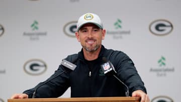 Green Bay Packers head coach Matt LaFleur talks about defensive coordinator Jeff Hafley during a press conference Thursday, February 22, 2024, at Lambeau Field in Green Bay, Wis.