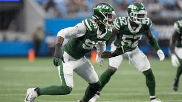 Aug 17, 2024; Charlotte, North Carolina, USA; New York Jets defensive end Will McDonald IV (99) during the first quarter against the Carolina Panthers at Bank of America Stadium.