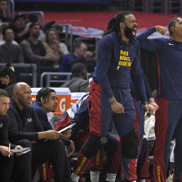 Apr 4, 2024; Los Angeles, California, USA;  Denver Nuggets center DeAndre Jordan (6) and forward Peyton Watson (8) react after a basket in the first half against the Los Angeles Clippers at Crypto.com Arena. Mandatory Credit: Jayne Kamin-Oncea-USA TODAY Sports