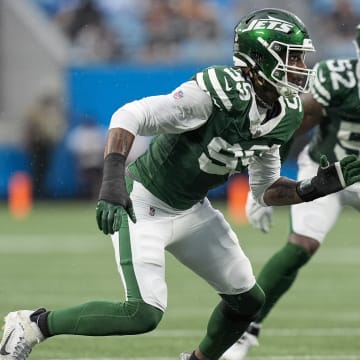 Aug 17, 2024; Charlotte, North Carolina, USA; New York Jets defensive end Will McDonald IV (99) during the first quarter against the Carolina Panthers at Bank of America Stadium.