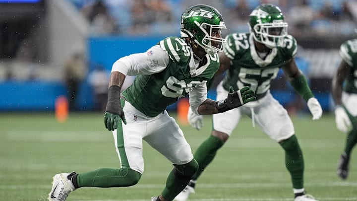 Aug 17, 2024; Charlotte, North Carolina, USA; New York Jets defensive end Will McDonald IV (99) during the first quarter against the Carolina Panthers at Bank of America Stadium. 