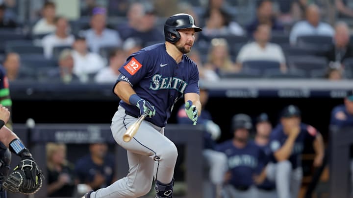 Seattle Mariners catcher Cal Raleigh bats against the New York Yankees during the first inning at Yankee Stadium. Seattle Mariners catcher Cal Raleigh bats against the New York Yankees during the first inning at Yankee Stadium.