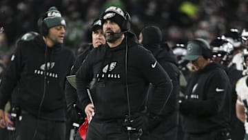 Dec 1, 2024; Baltimore, Maryland, USA; Philadelphia Eagles head coach Nick Sirianni  looks onto the field during the first half  against the Baltimore Ravens at M&T Bank Stadium. Mandatory Credit: Tommy Gilligan-Imagn Images
