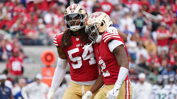 Nov 17, 2024; Santa Clara, California, USA; San Francisco 49ers linebacker Fred Warner (54) calms down San Francisco 49ers co